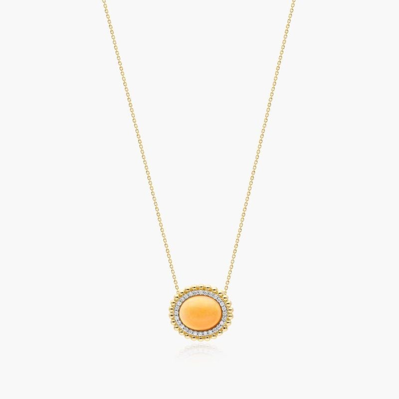 14K Yellow Gold Beaded Double Halo Opal and Diamond Necklace (12.0x10.0mm)