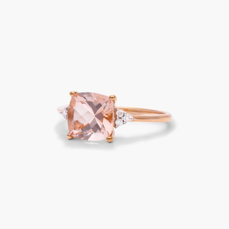 14K Rose Gold Cushion Cut Morganite and Diamond Trio Accent Ring (8.0x8.0mm)
