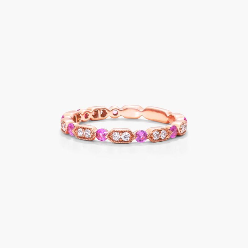14K Rose Gold Alternating Arrow Shape Milgrain Bezel Pink Sapphire and Diamond Ring