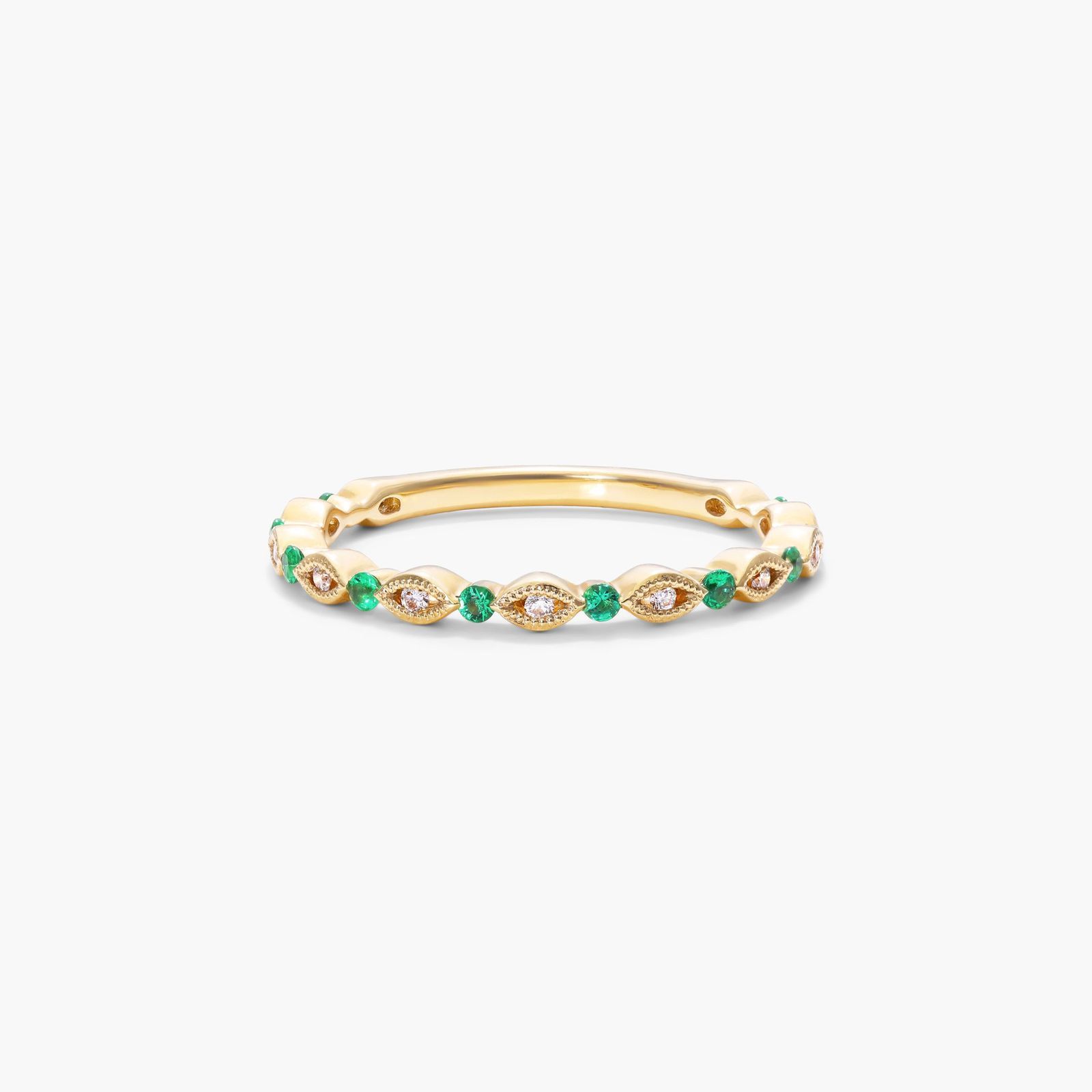 14K Yellow Gold Alternating Marquise shape Milgrain Bezel Emerald and ...