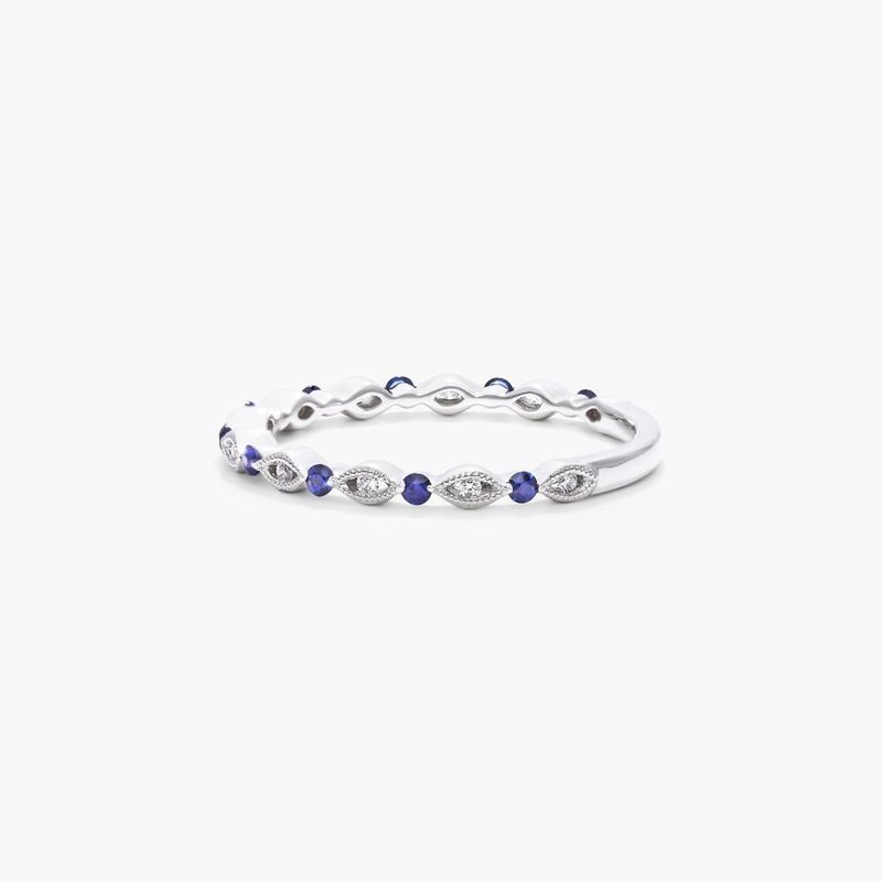 14K White Gold Alternating Marquise Shape Milgrain Bezel Sapphire and Diamond Ring