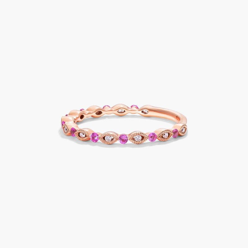 14K Rose Gold Alternating Marquise Shape Milgrain Bezel Pink Sapphire and Diamond Ring