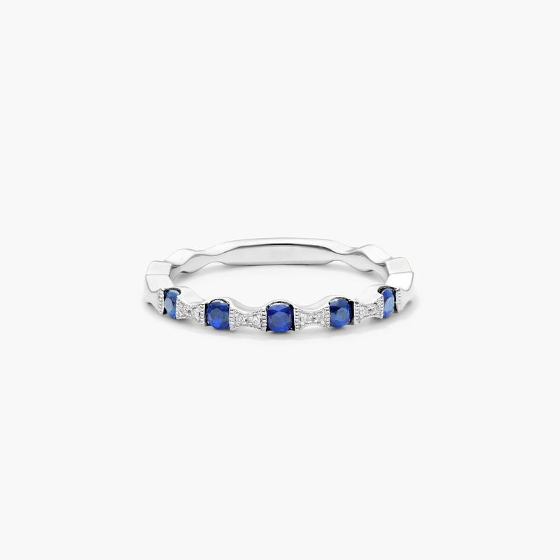14K White Gold Vintage Bow tie Shaped Stations Alternating Sapphire and Diamond Ring