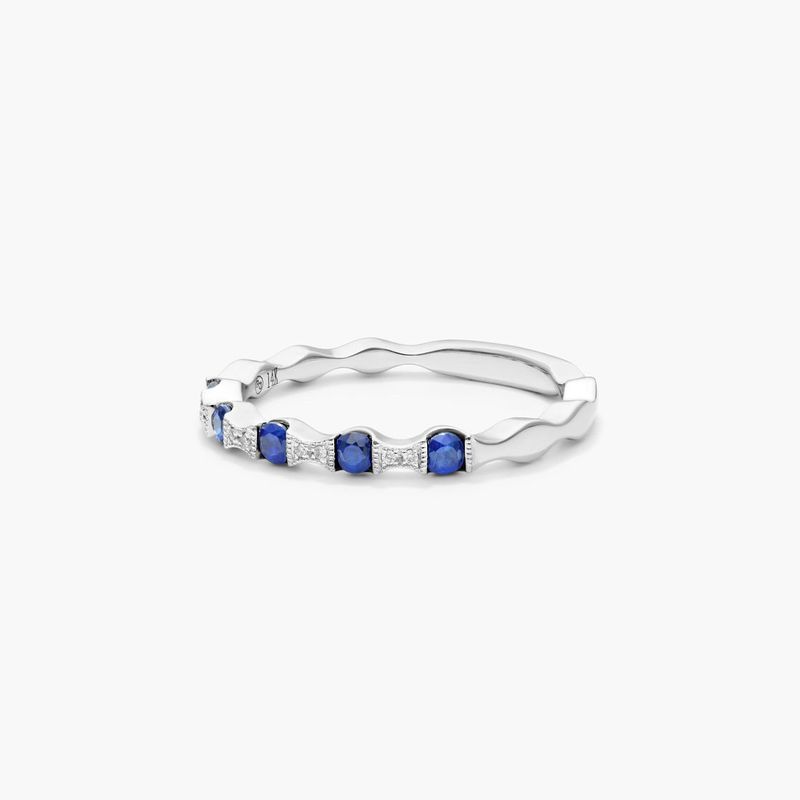 Vintage Bow Tie Shaped Stations Alternating Sapphire And Diamond Ring In 14K White Gold