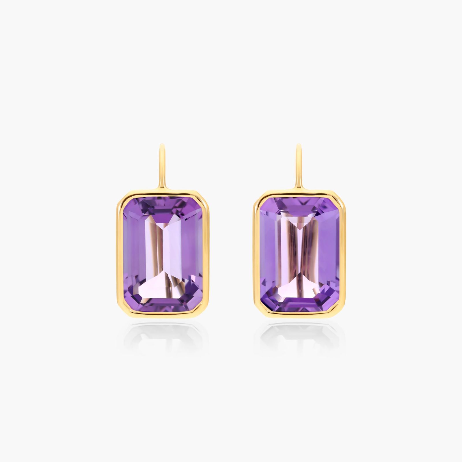 18K Yellow Gold Emerald Cut Amethyst Drop Earrings (15.0x10.0mm) Image-0