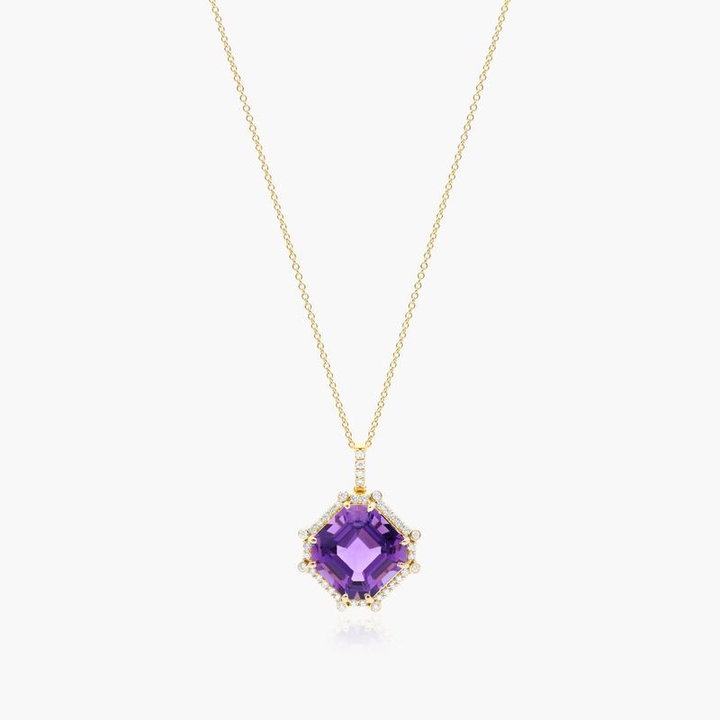 18K Yellow Gold Octagon Amethyst and Diamond Necklace (12.0x12.0mm)
