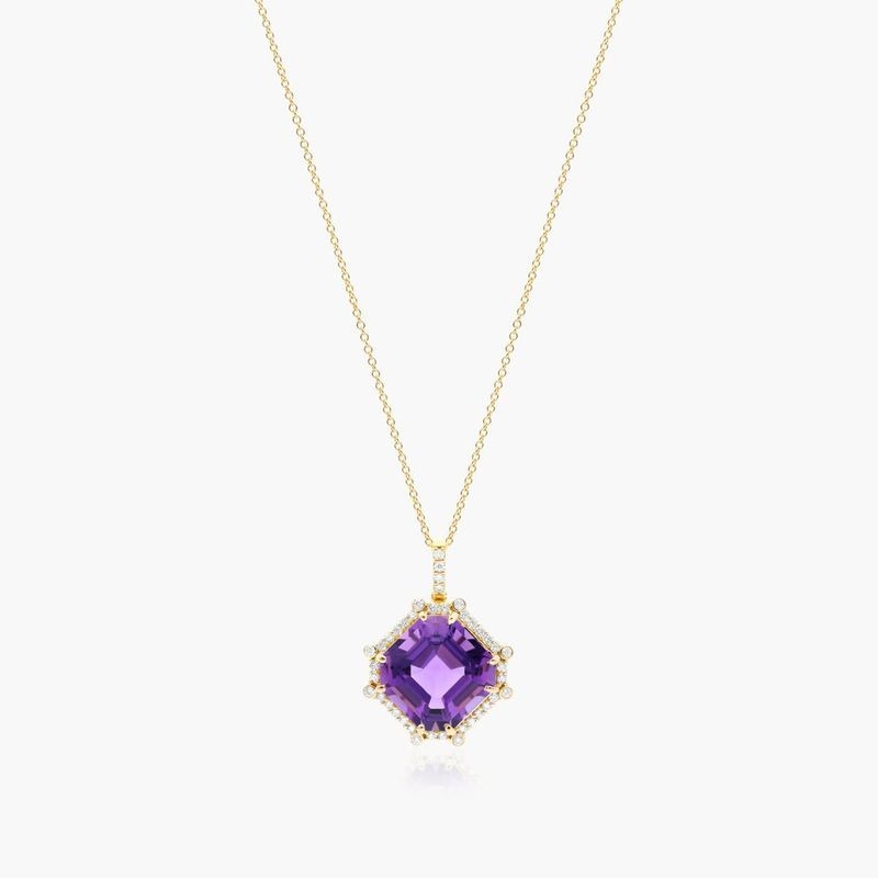 18K Yellow Gold Octagon Amethyst and Diamond Necklace (12.0x12.0mm)