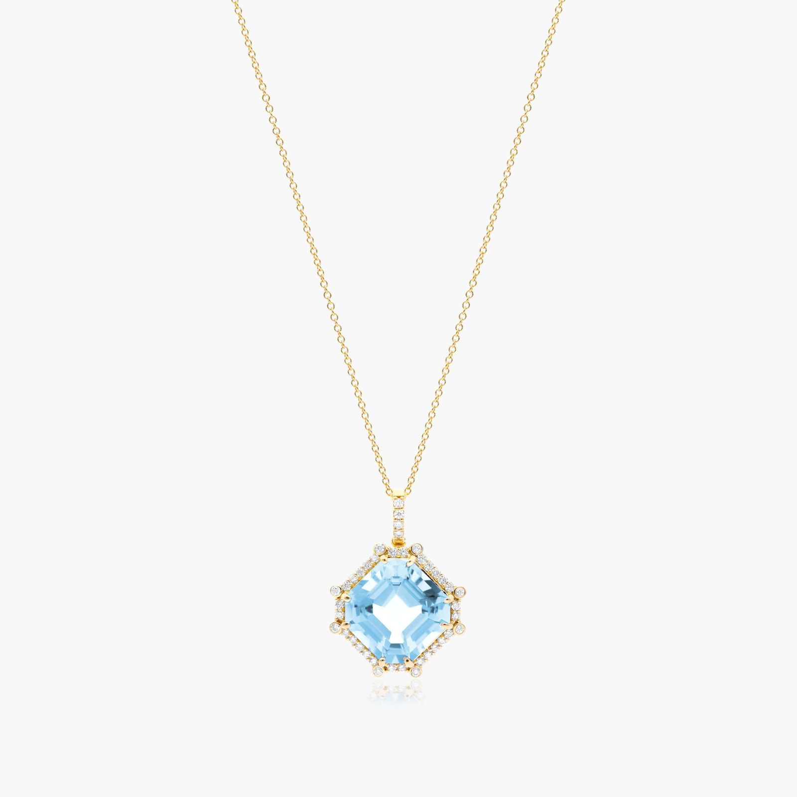 18K Yellow Gold Octogan Blue Topaz and Diamond Necklace (12.0x12.0mm) Image-0