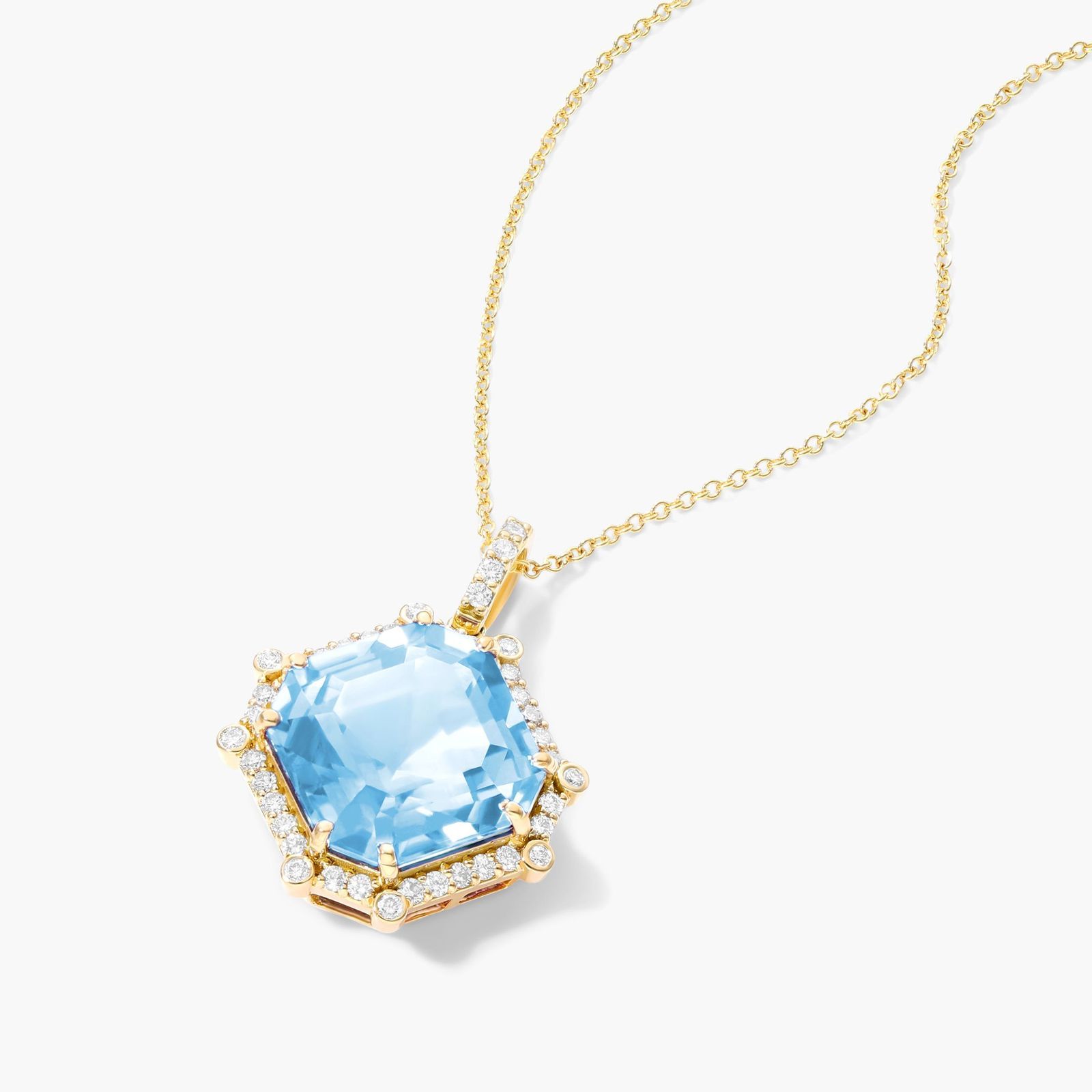 18K Yellow Gold Octogan Blue Topaz and Diamond Necklace (12.0x12.0mm) Image-1