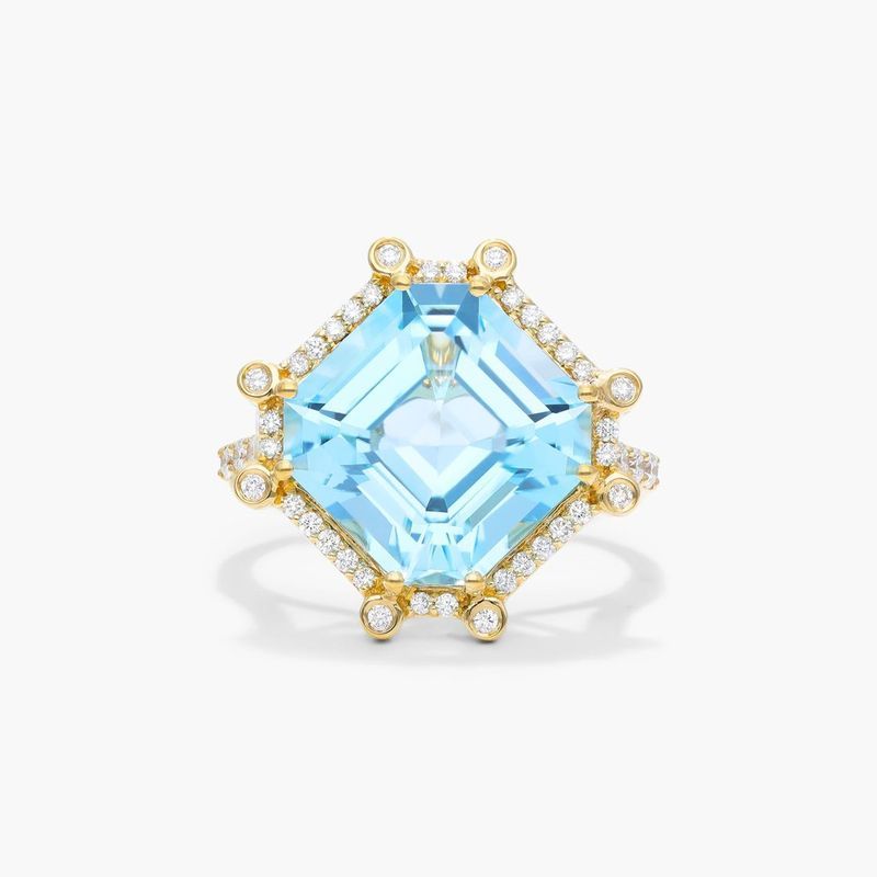 18K Yellow Gold Octagon Blue Topaz and Diamond Ring (12.0x12.0mm)