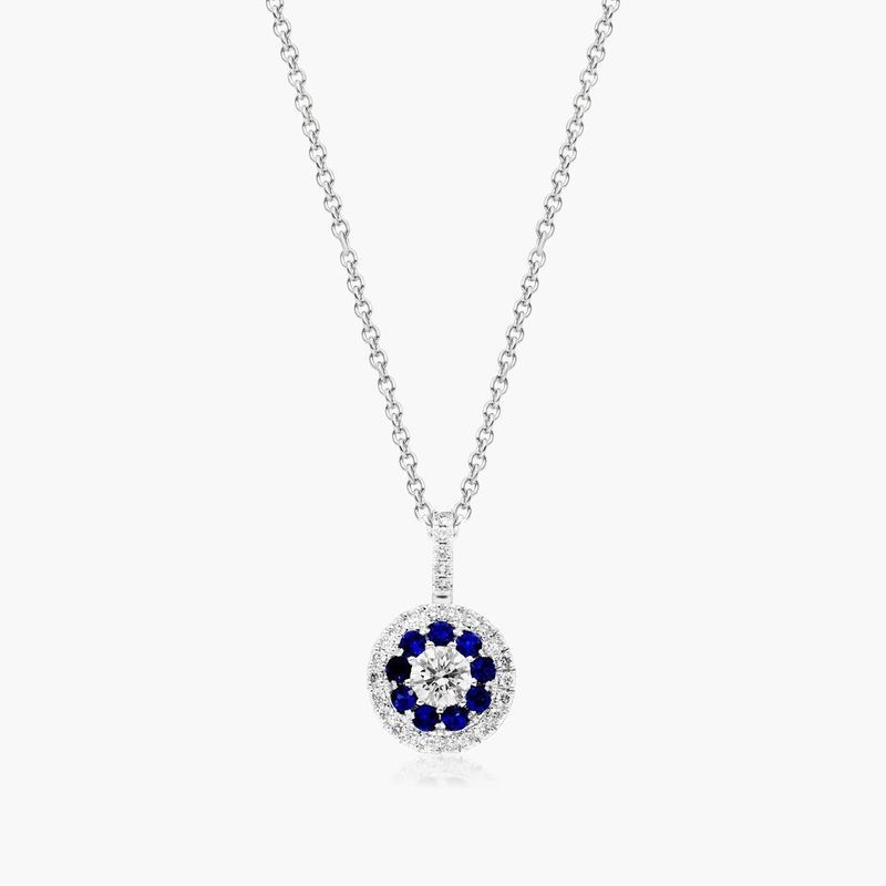 14K White Gold Double Halo Sapphire and Diamond Necklace