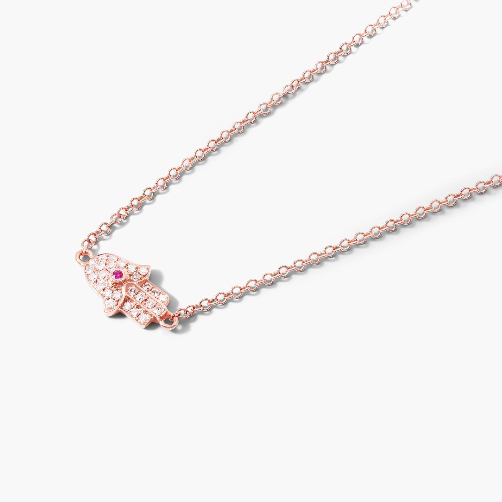 14K Rose Gold Hamsa Ruby and Diamond Necklace Image-1