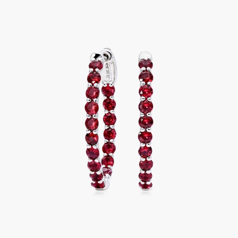 14K White Gold Ruby Trellis Inside Out Oval Hoops, 0.8 Inch