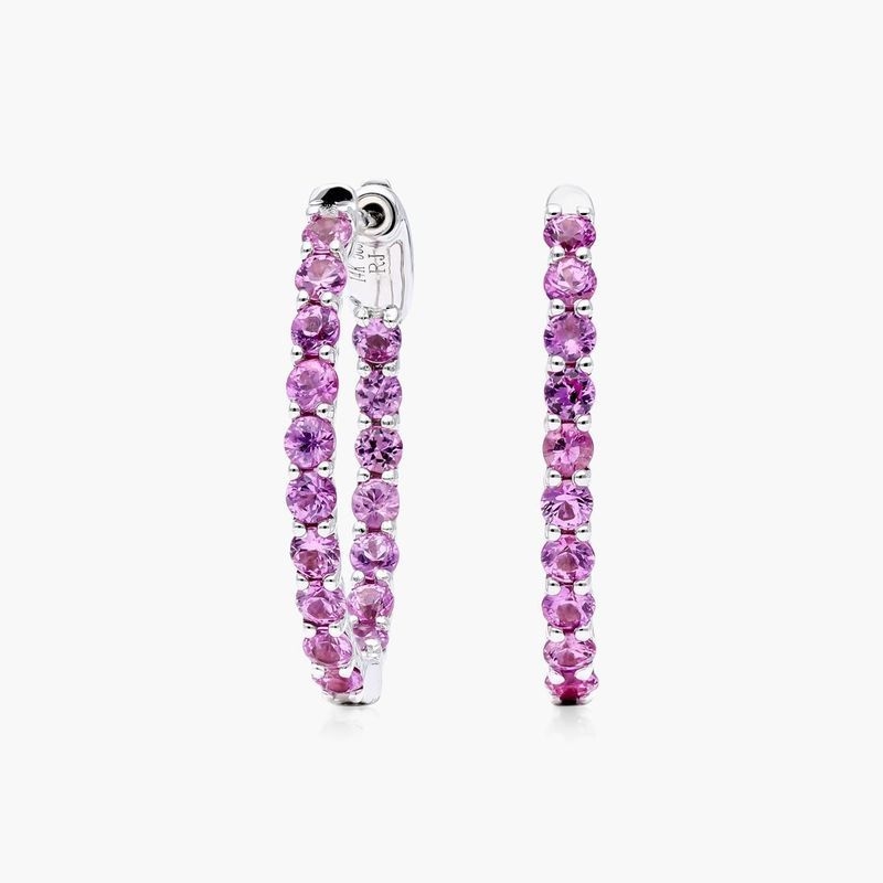 14K White Gold Pink Sapphire Trellis Inside Out Oval Hoops, 0.8 Inch