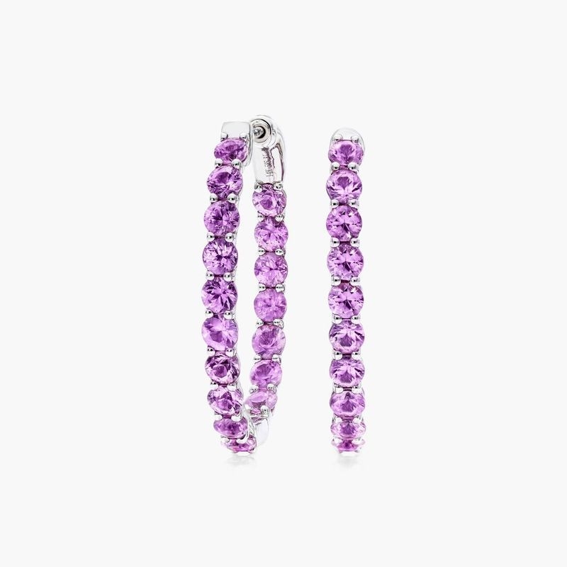14K White Gold Pink Sapphire Trellis Inside Out Oval Hoops, 1 Inc