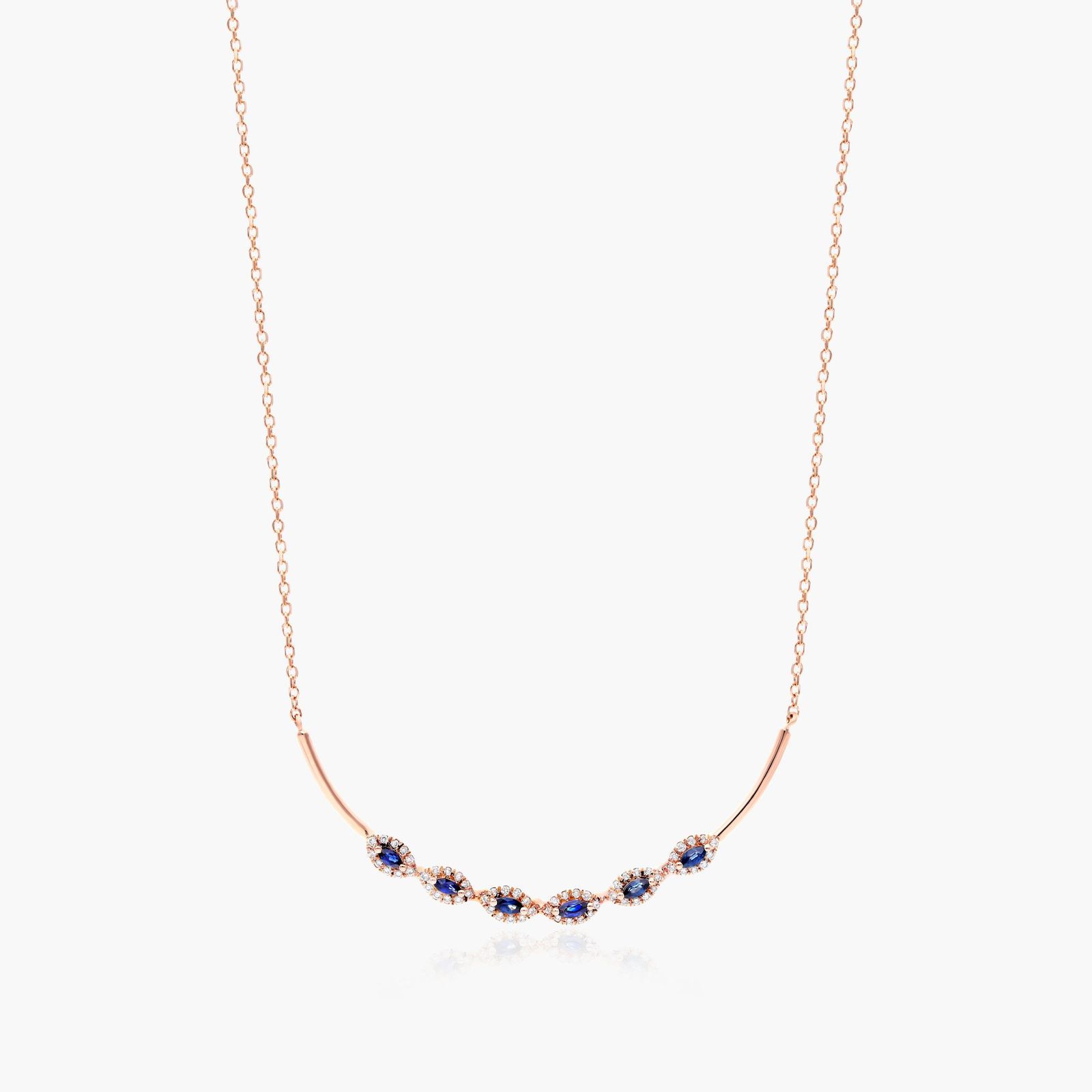 18K Rose Gold Curved Bar Marquise Sapphire and Diamond Necklace Image-0