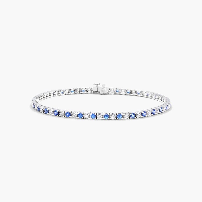 14K White Gold Alternating Sapphire and Diamond Tennis Bracelet