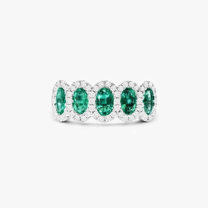 14K White Gold Five Stone Halo Emerald and Diamond Ring