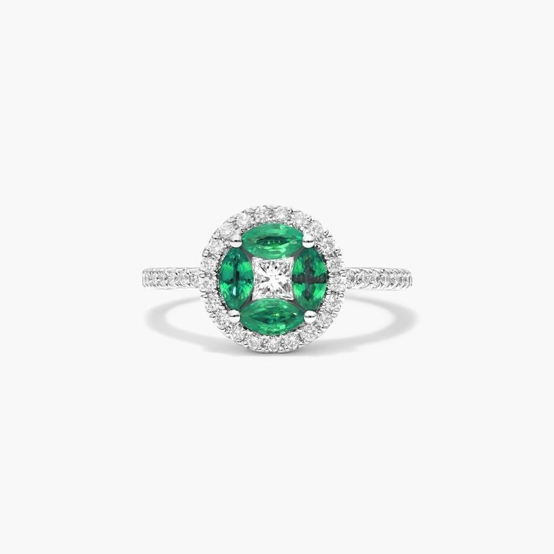 14K White Gold Marquise Emerald and Diamond Ring