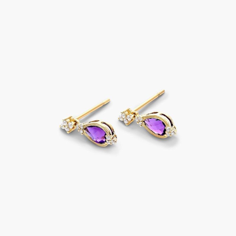 Classical Amethyst And Diamond Earrings In 14K Yellow Gold By Brevani