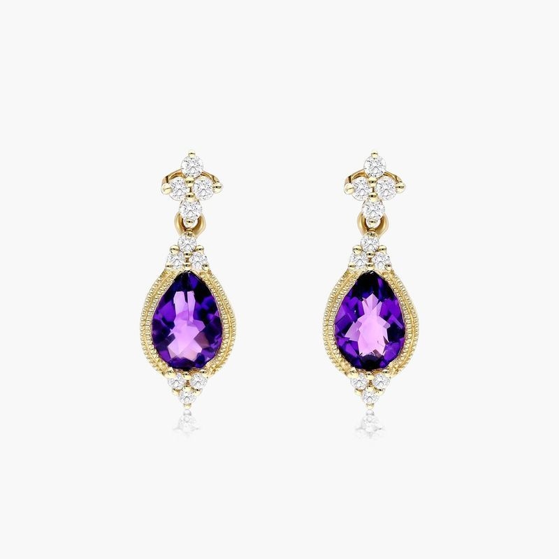 14K Yellow Gold Classical Amethyst and Diamond Earrings by Brevani