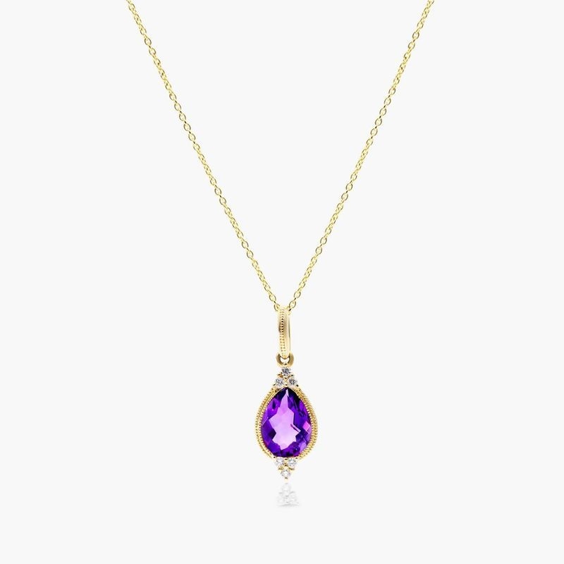 14K Yellow Gold Classical Amethyst and Diamond Necklace by Brevani