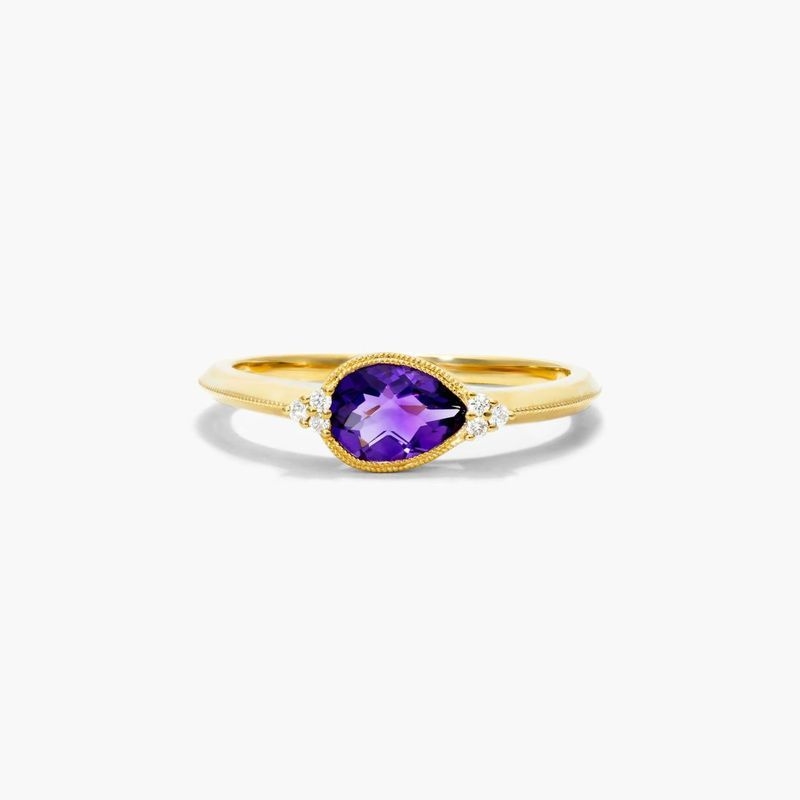 14K Yellow Gold Classical Amethyst and Diamond Ring by Brevani