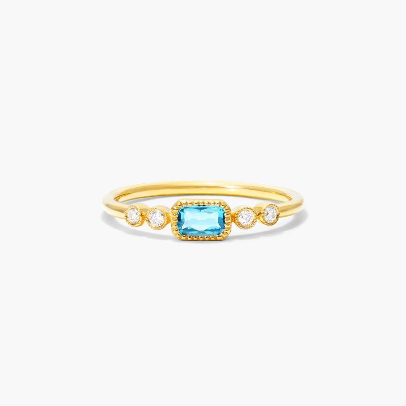 14K Yellow Gold Dainty Blue Topaz Bezel Diamond Ring by Brevani