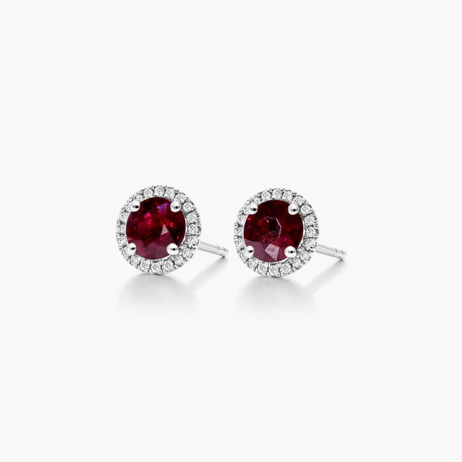 18K White Gold Round Halo Ruby and Diamond Earrings Image-1