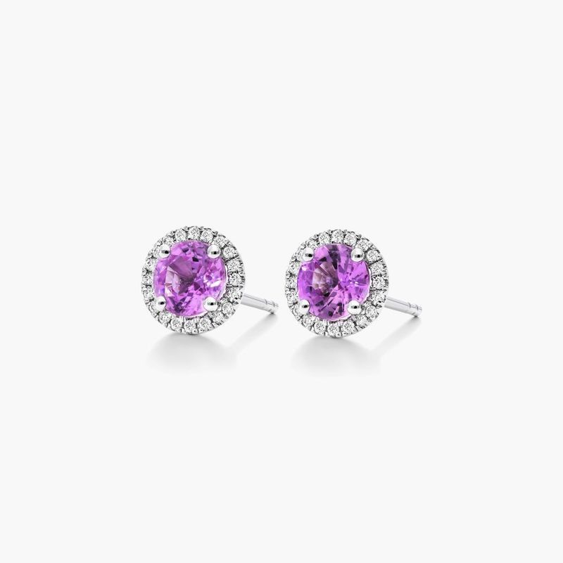 18K White Gold Round Halo Pink Sapphire and Diamond Earrings