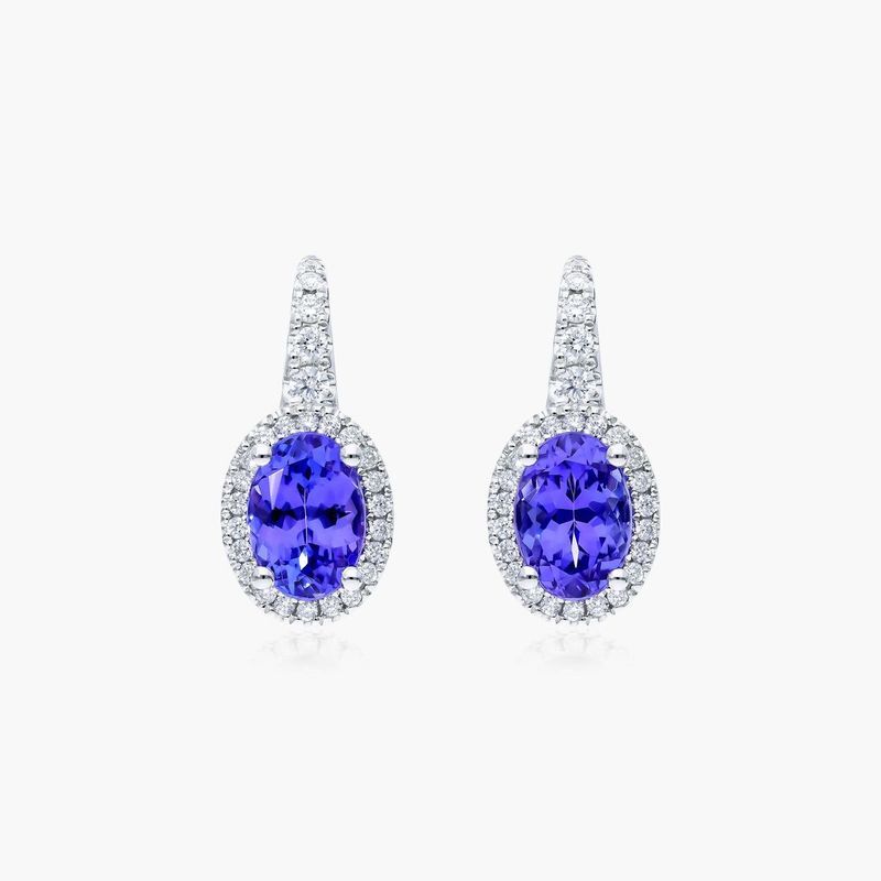 14K White Gold Drop Oval Halo Tanzanite and Diamond Earrings (7x5mm)