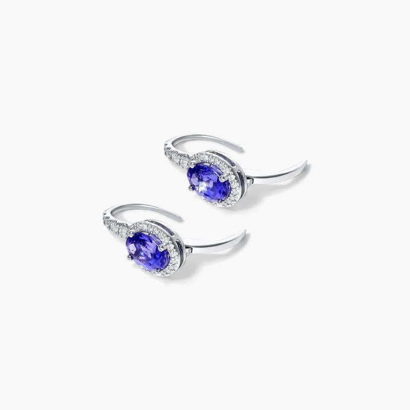 14K White Gold Drop Oval Halo Tanzanite and Diamond Earrings (7x5mm)