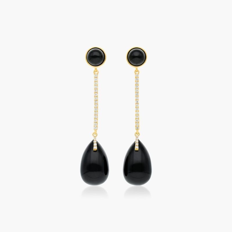 18K Yellow Gold Diamond Bar and Black Onyx Drop Earrings