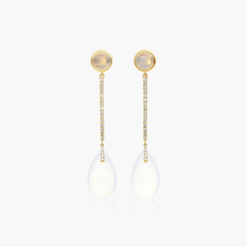 18K Yellow Gold Diamond Bar and Moon Quartz Drop Earrings