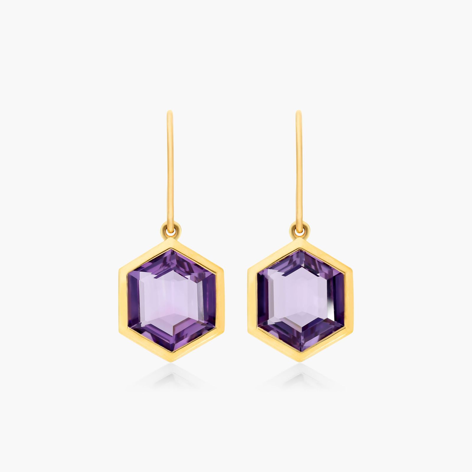 18K Yellow Gold Bezel Hexagonal Amethyst Hook Earrings Image-0