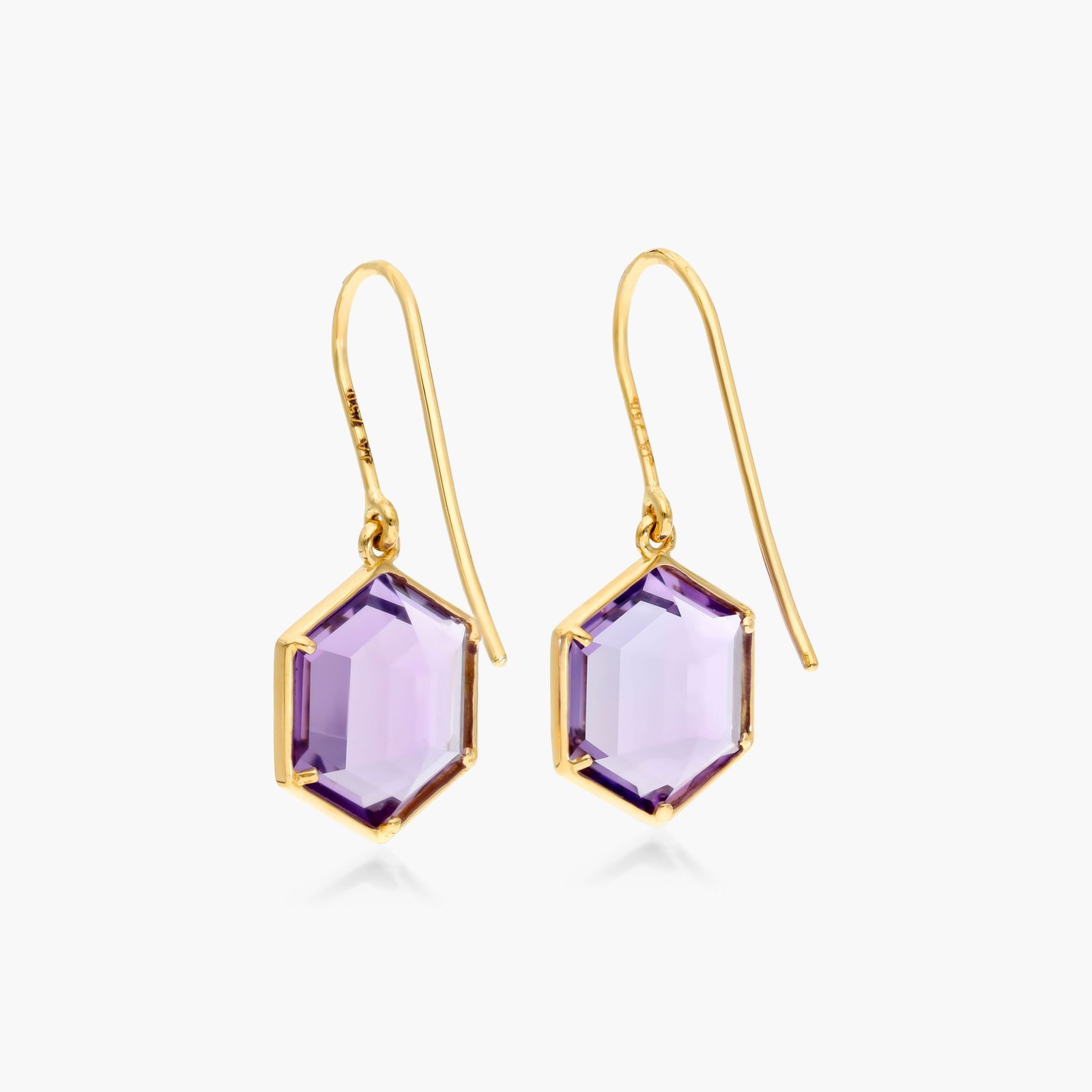 18K Yellow Gold Bezel Hexagonal Amethyst Hook Earrings Image-1