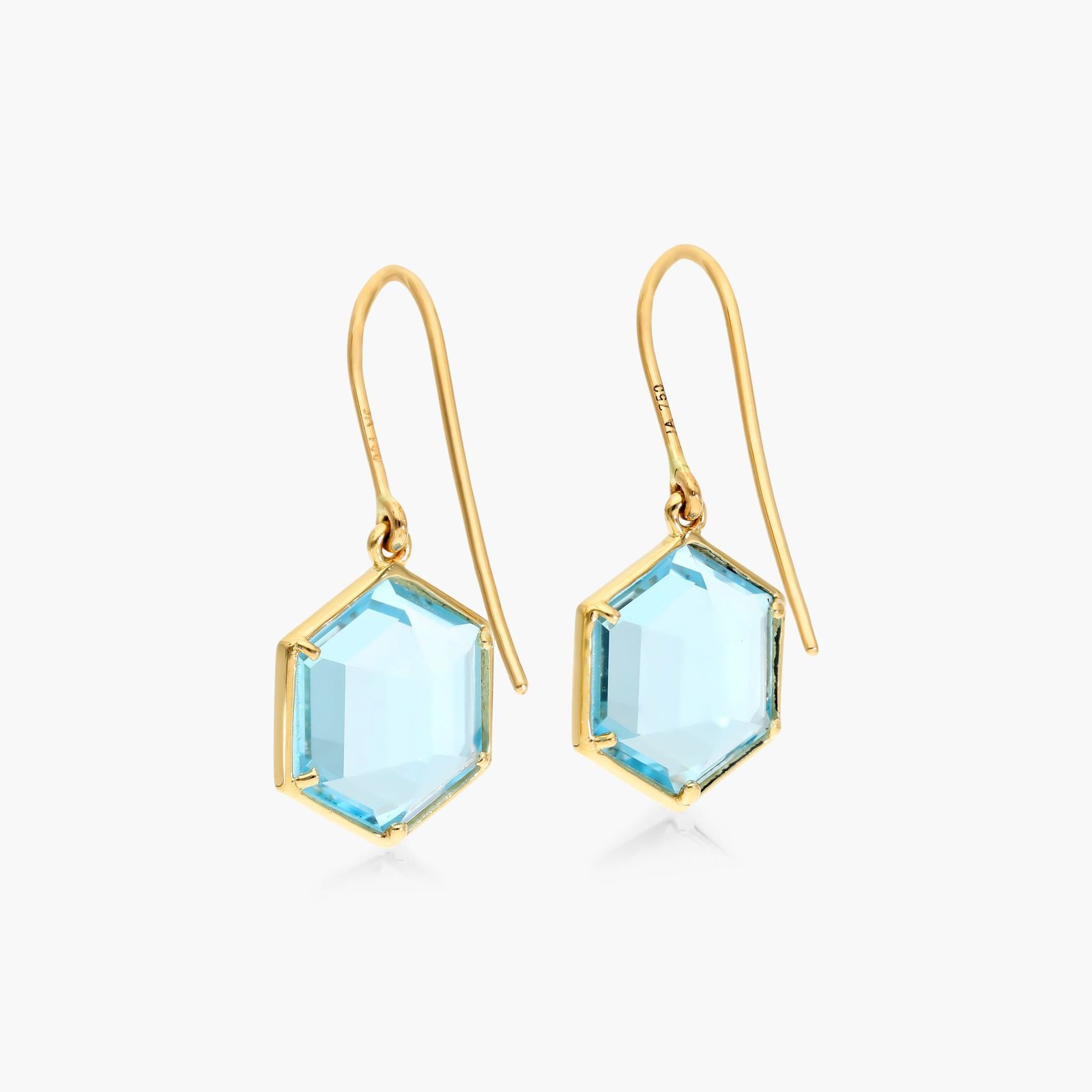 18K Yellow Gold Bezel Hexagonal Sky Blue Topaz Hook Earrings Image-1