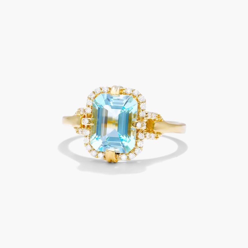 18K Yellow Gold Sky Blue Topaz Diamond Halo Ring