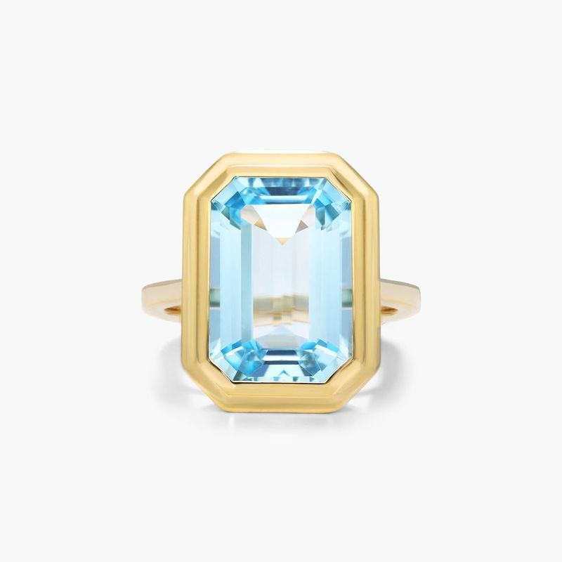 18K Yellow Gold Emerald Cut Bezel Sky Blue Topaz Cocktail Ring