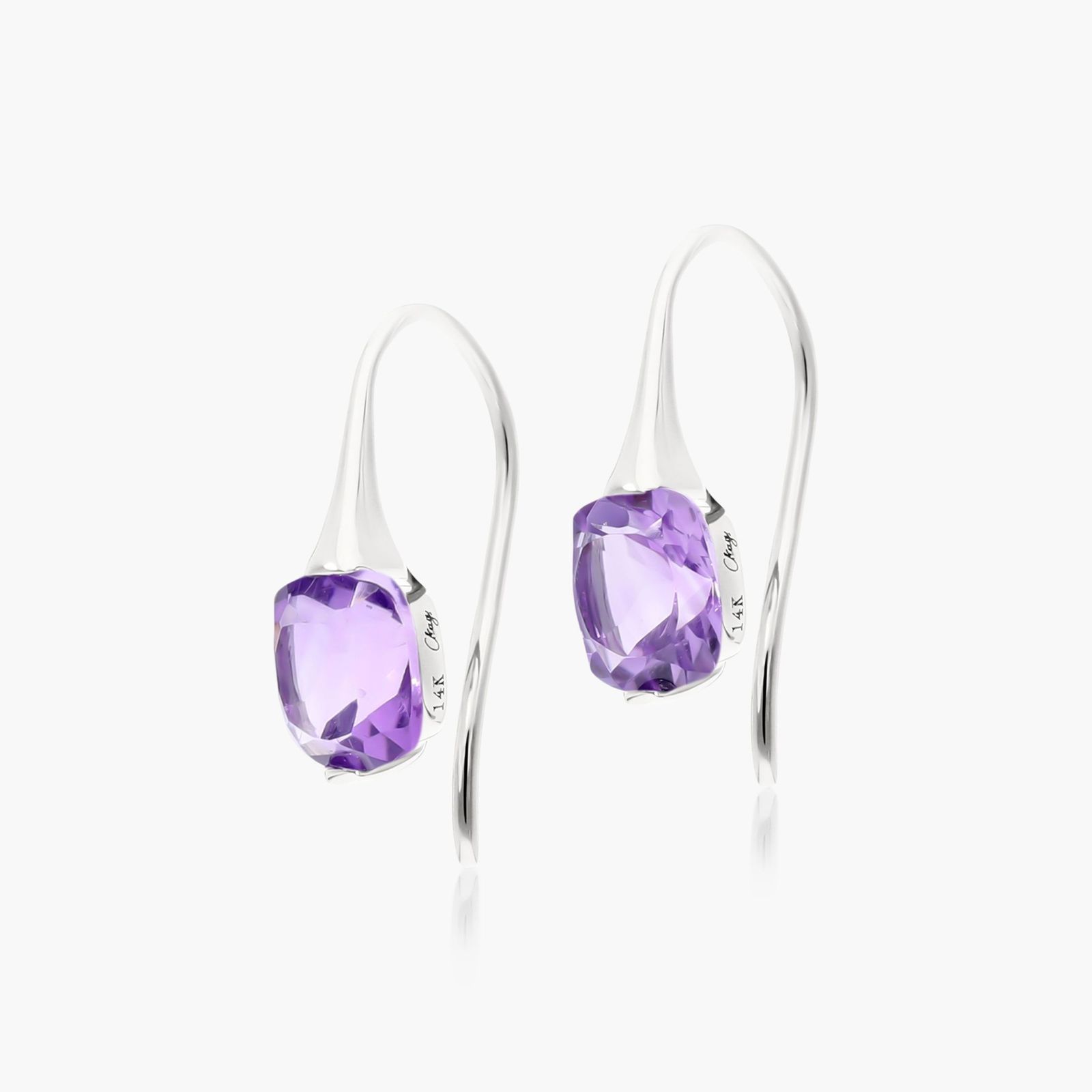 14K White Gold Cushion Amethyst Hook Earrings Image-1