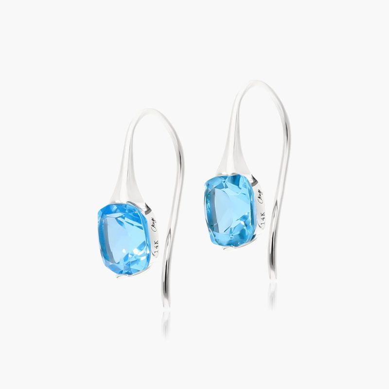 14K White Gold Cushion Blue Topaz Hook Earrings