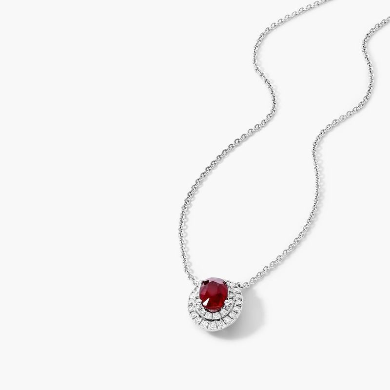 18K White Gold Oval Ruby Double Diamond Halo Necklace
