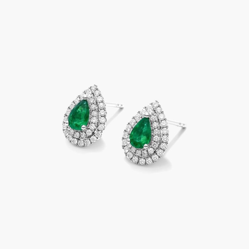 18K White Gold Pear Shaped Emerald and Diamond Double Halo Earrings