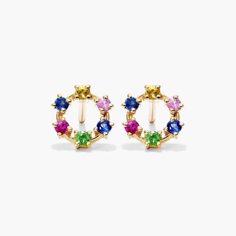 14K Yellow Gold Rainbow Sapphire Circle Stud