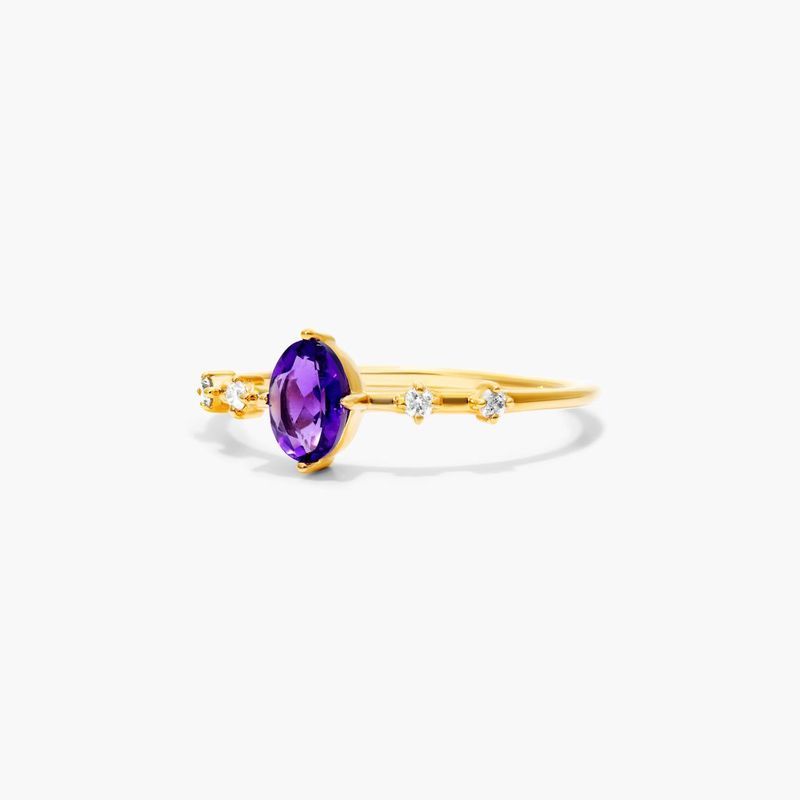 14K Yellow Gold Amethyst Oval and Diamond Birthstone Ring