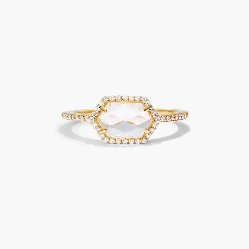 14K Yellow Gold White Topaz Hexagon With Diamond Halo Ring