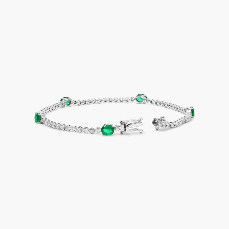 14K White Gold Emerald Station Diamond Tennis Bracelet