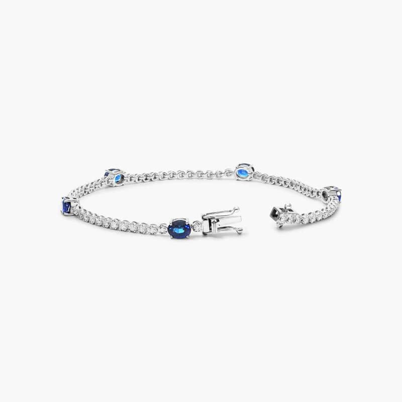 14K White Gold Sapphire Station Diamond Tennis Bracelet