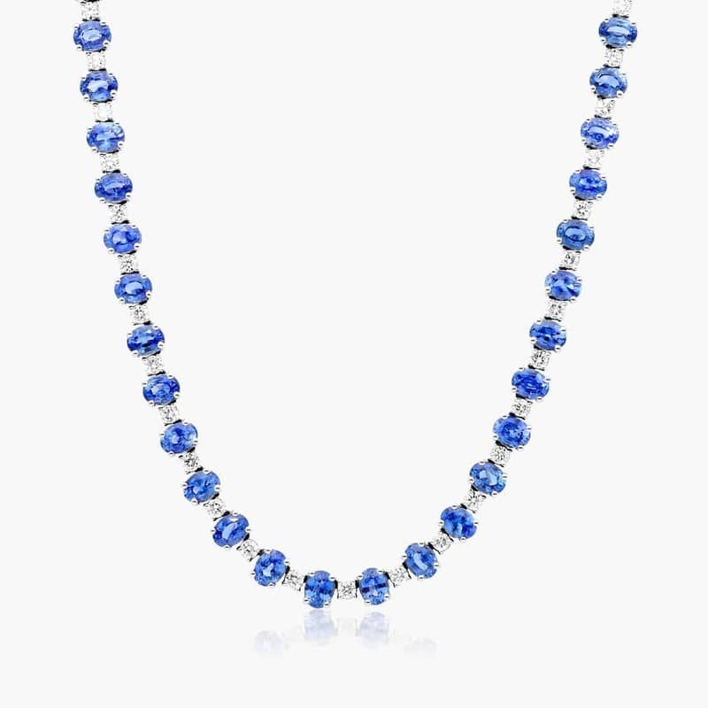 14K White Gold Oval Blue Sapphire and Diamond Tennis Necklace
