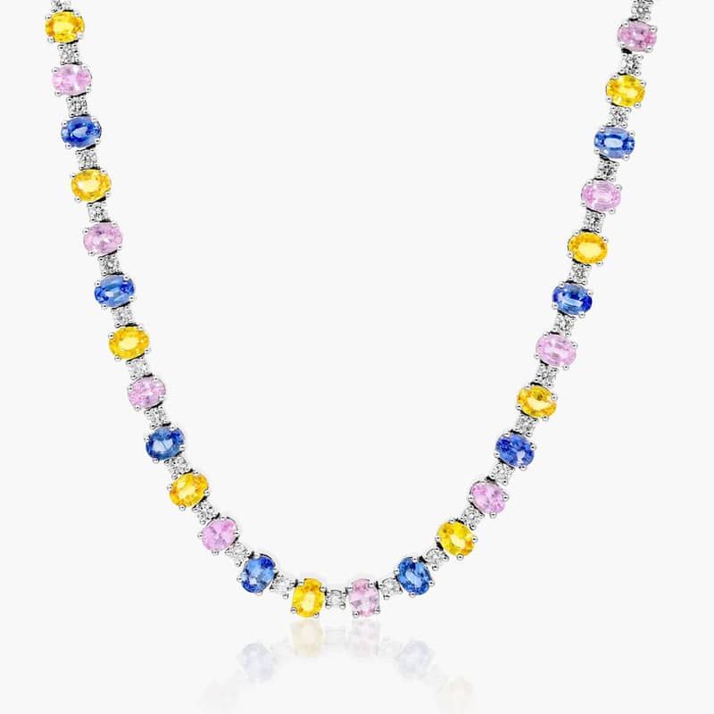 14K White Gold Oval Multi-Color Sapphire and Diamond Tennis Necklace